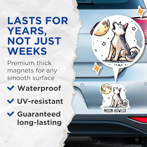 (2 Pack) Moon Howler Magnets - Wolf and Moon Design - Cute Animal - 5" On Longest Side - for Cars, Fridges, Toolboxes - Made in USA - MAG3622