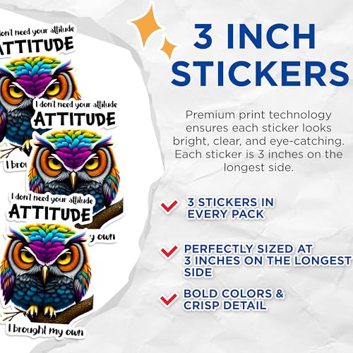 (3 Pack) Colorful Owl Decals - Attitude Quote - Laptop Decals - 3 Inches On Longest Side - Easy Peel & Apply - Made in USA - 3MCS1724