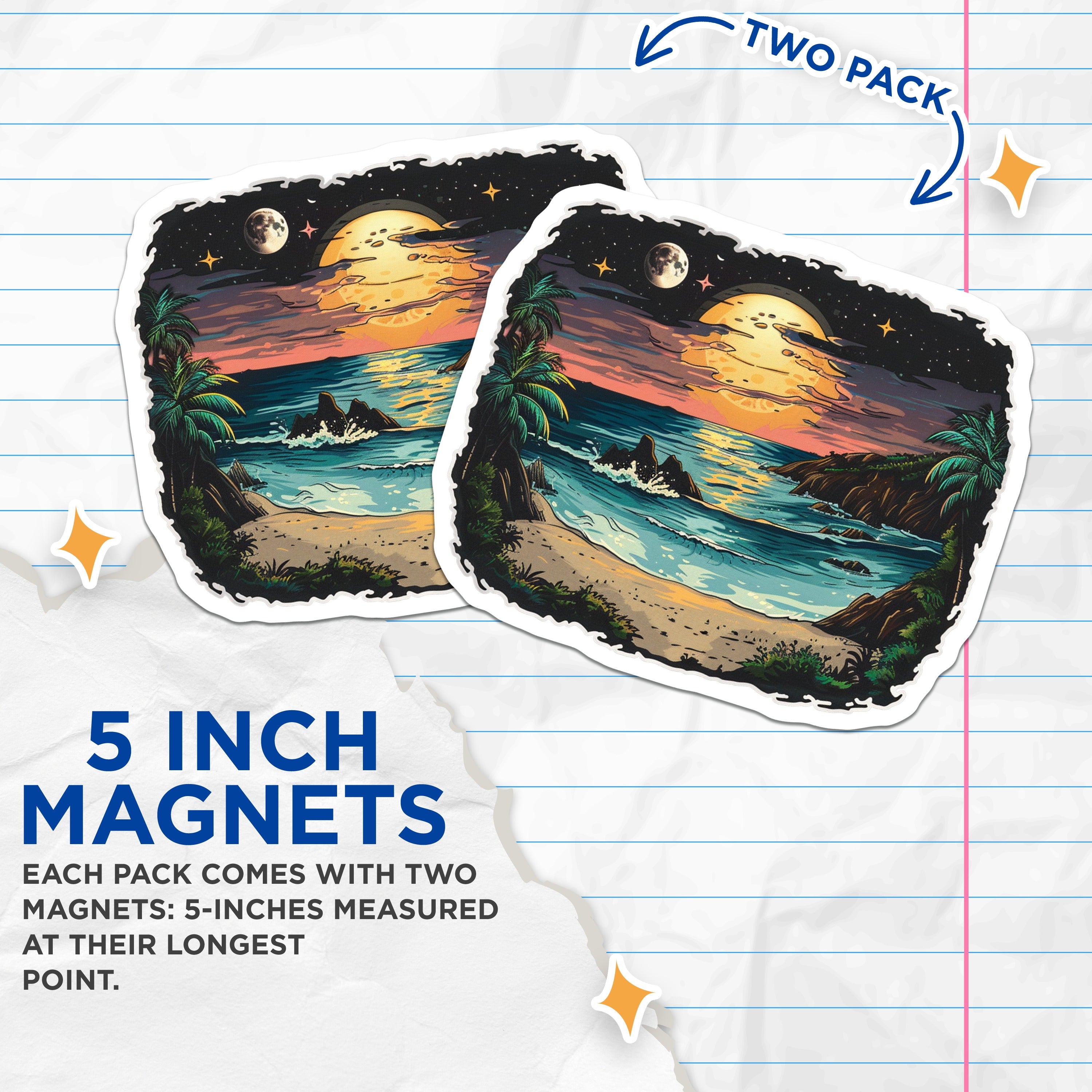 (2 Pack) Moonlit Beach Magnets - Tropical Night Ocean - Palm Tree Island Art - Coastal Decor Aesthetic - 5 Inches On Longest Side - Thick Durable Magnet - Made in USA - MAG36991