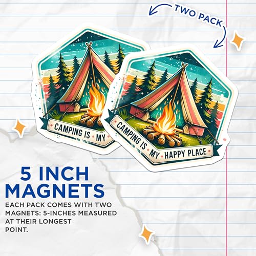 (2 Pack) Camping is My Happy Place Magnets - Outdoors Decor - Nature Lover - Adventure Seekers - Campfire Scene - 5" On Longest Side - for Cars, Fridges, Toolboxes - Made in USA - MAG6625