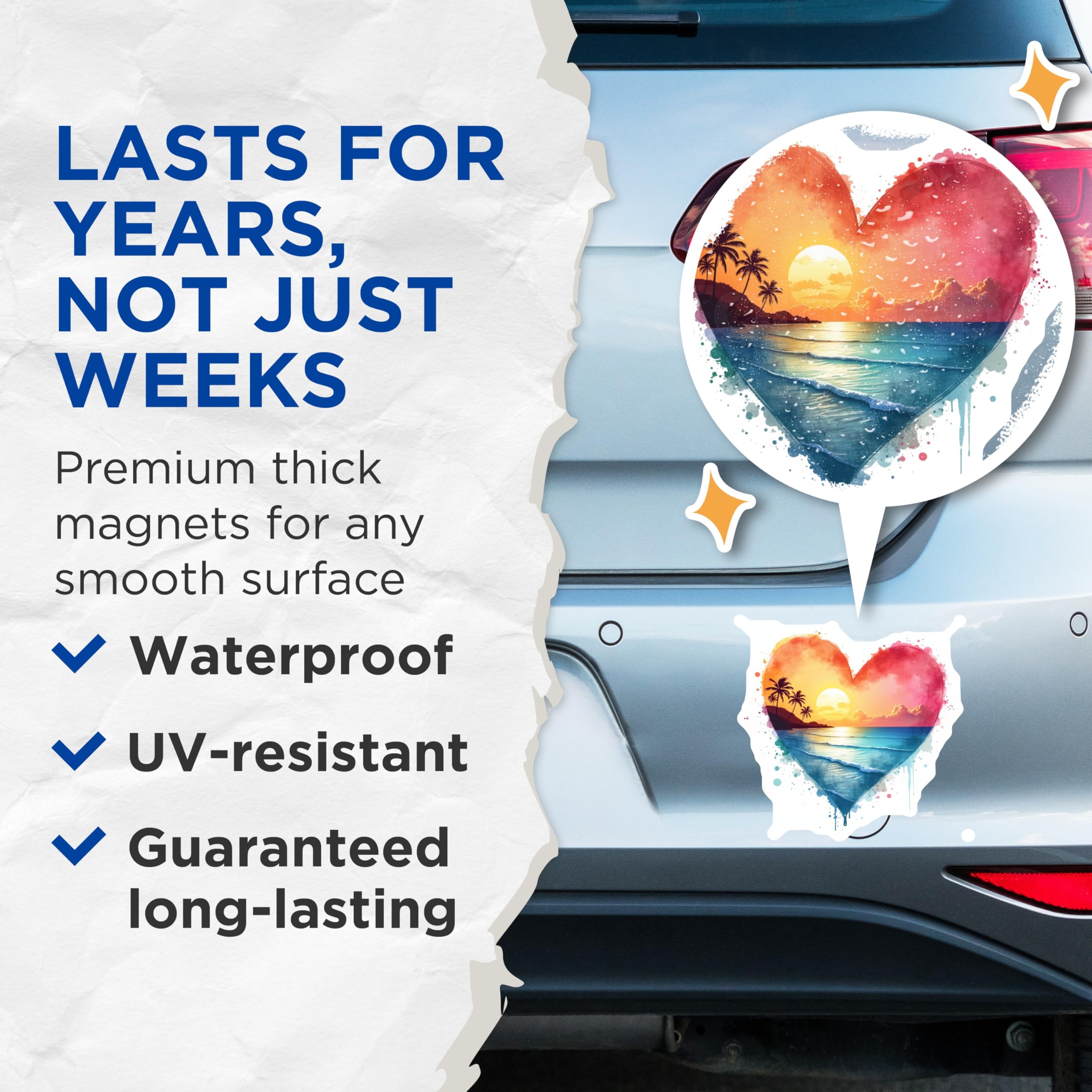 (2 Pack) Sunset Beach Magnets - Tropical Heart Decor - Ocean Scene Refrigerator Art - 5 Inches On Longest Side - Thick Durable Magnet - Made in USA - MAG25551