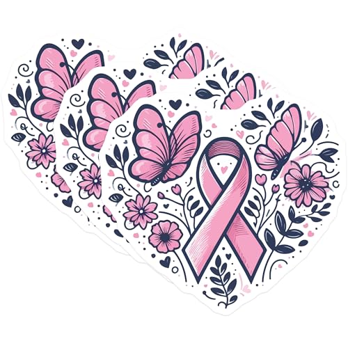 (3 Pack) Breast Cancer Awareness Decals - Ribbon Butterfly - Laptop Decals - 3 Inches On Longest Side - Easy Peel & Apply - Made in USA - 3MCS4756