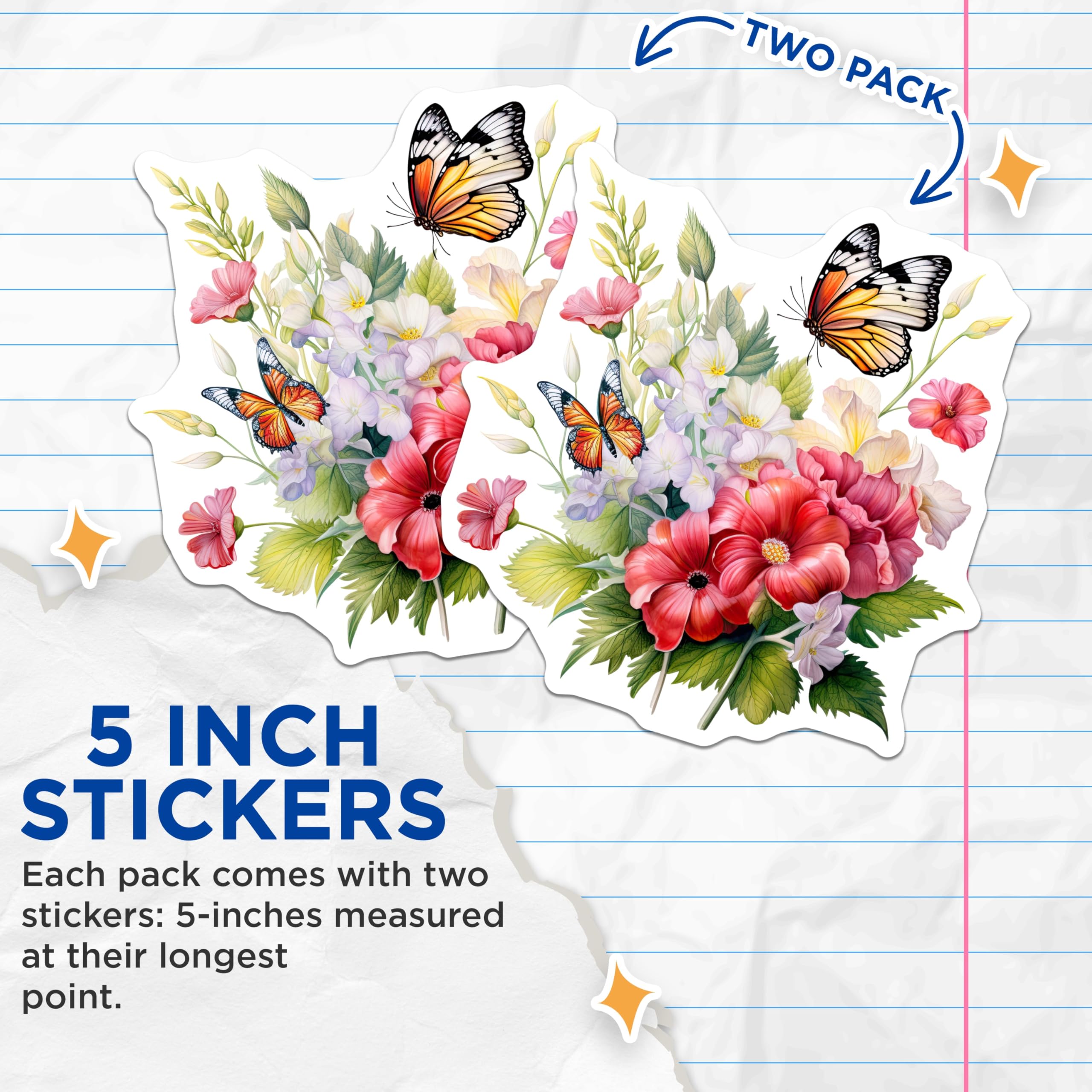 (2 Pack) Floral Butterfly Stickers - Flower Stickers - Nature Inspired Stickers - 5" On Longest Side - Sticks to Smooth Flat Surfaces - Made in USA - BMCS15955