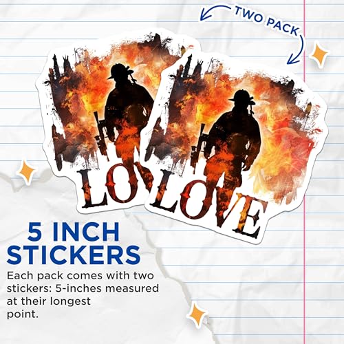 (2 Pack) Firefighter Love Stickers - Firefighter Appreciation - Firefighter Art - Inspirational Firefighter Gift Stickers - 5" On Longest Side - Sticks to Smooth Flat Surfaces - Made in USA - BMCS6395