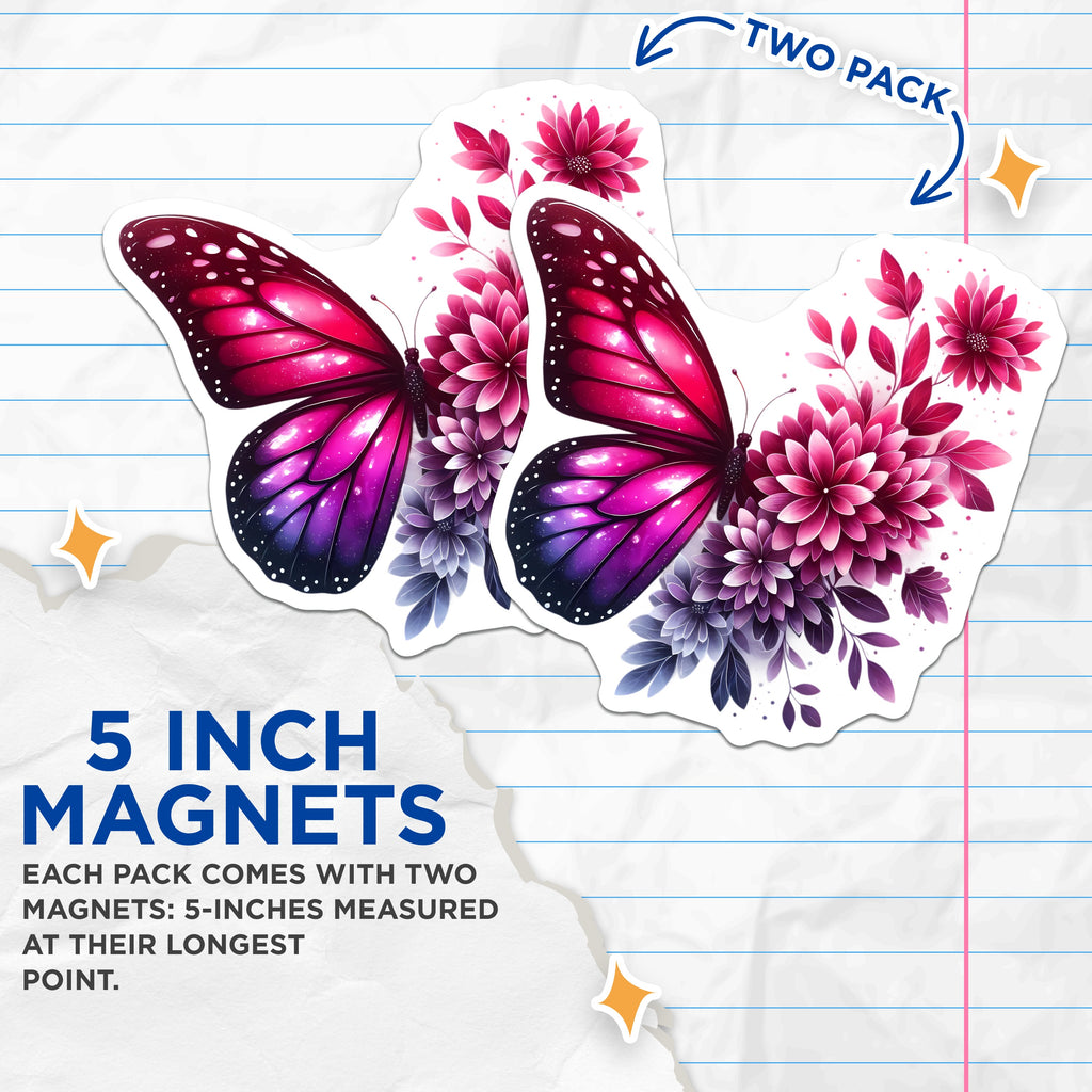 (2 Pack) Butterfly Floral Magnets - Vibrant Pink Purple Decor - Refrigerator Aesthetic Art - 5 Inches On Longest Side - Thick Durable Magnet - Made in USA - MAG36514
