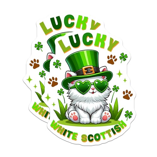(2 Pack) Lucky White Scottish Cat Stickers - St Patrick's Day - Cute Cat - 5" On Longest Side - Sticks to Smooth Flat Surfaces - Made in USA - BMCS8103
