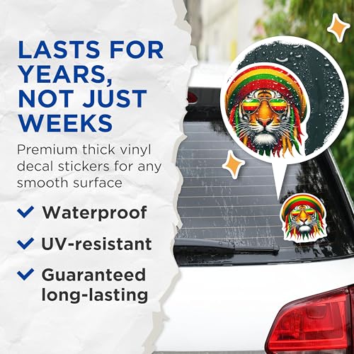 (2 Pack) Cool Tiger Stickers - Rasta Style - Sunglasses Design - 5" On Longest Side - Sticks to Smooth Flat Surfaces - Made in USA - BMCS4384