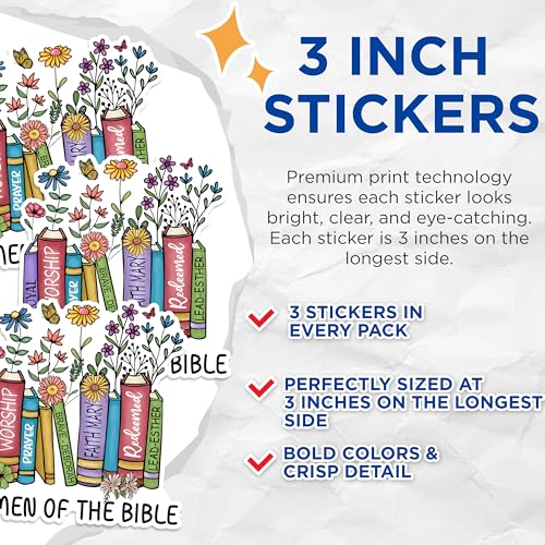 (3 Pack) Women of The Bible Decals - Christian Laptop Stickers - Flower Book Decal - 3 Inches On Longest Side - Easy Peel & Apply - Made in USA - 3MCS1839
