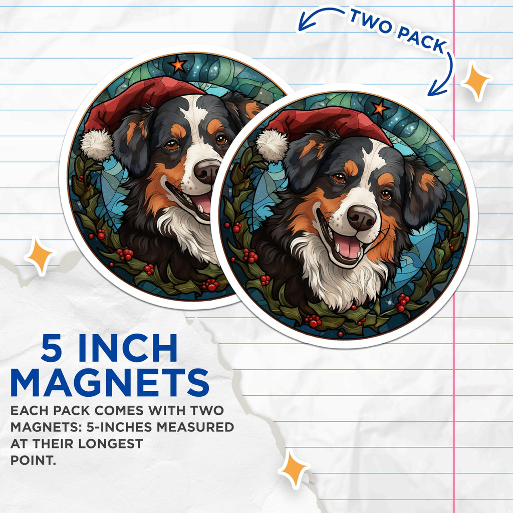 (2 Pack) Bernese Mountain Dog Magnets - Stained Glass Christmas Dog Decor - Holiday Refrigerator Pet - 5 Inches On Longest Side - Thick Durable Magnet - Made in USA - MAG28789