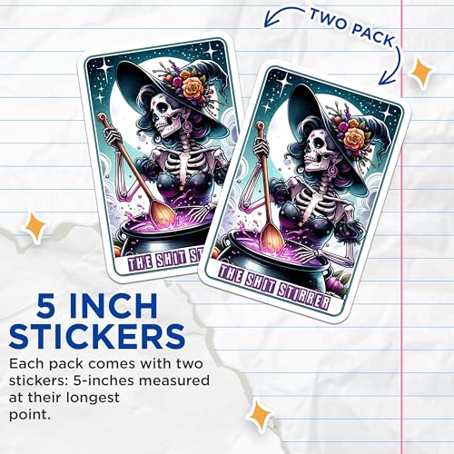 (2 Pack) Funny Skeleton Witch Stickers - Halloween Skeleton Art - Spooky Witchy Designs - 5" On Longest Side - Sticks to Smooth Flat Surfaces - Made in USA - BMCS5565