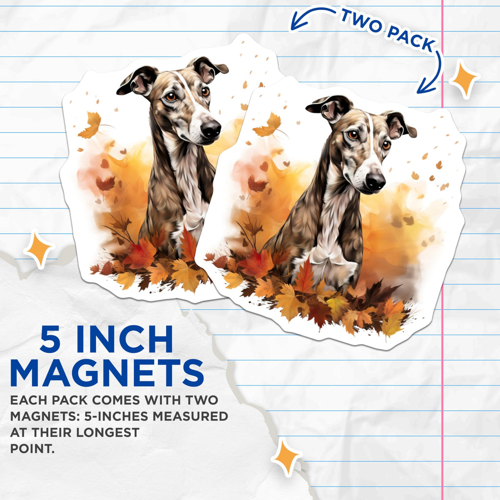 (2 Pack) Whippet Dog Magnets - Autumn Fall Decor - Pet Owner Sighthound - 5 Inches On Longest Side - Thick Durable Magnet - Made in USA - MAG27959