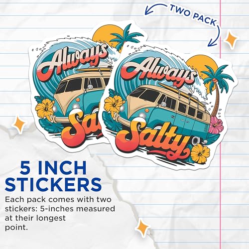 (2 Pack) Always Salty Stickers - Retro Surf Van - Tropical Adventure Beach Vibes - 5" On Longest Side - Sticks to Smooth Flat Surfaces - Made in USA - BMCS9412