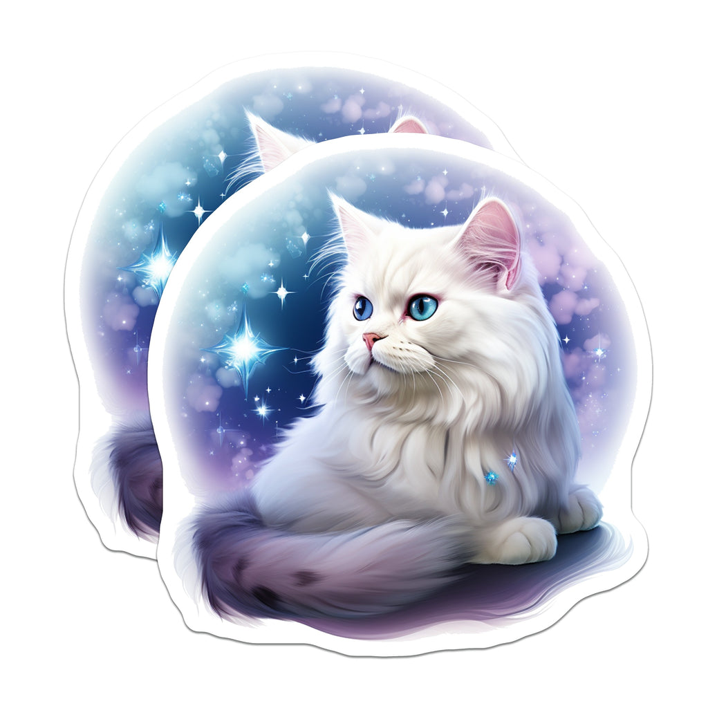 (2 Pack) Magical White Cat Magnets - Blue Eyed Fluffy Kitten - Celestial Starry Animal Decor - Fantasy Art - 5 Inches On Longest Side - Thick Durable Magnet - Made in USA - MAG38860