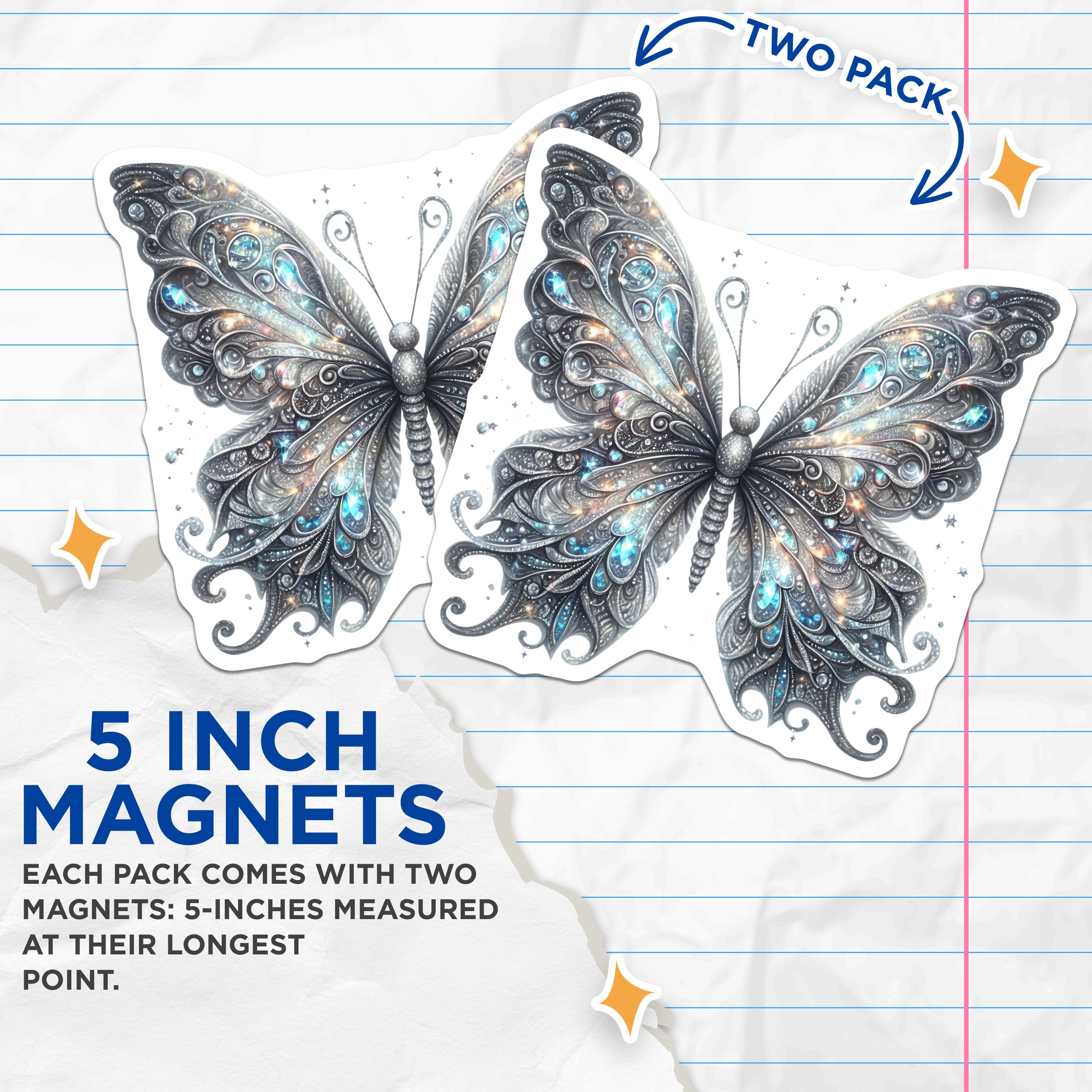 (2 Pack) Iridescent Butterfly Magnets - Mystical Fairy Wing Decor - Enchanting Celestial Fridge Art - 5 Inches On Longest Side - Thick Durable Magnet - Made in USA - MAG39274