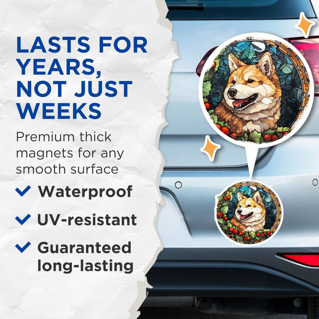(2 Pack) Shiba Inu Magnets - Stained Glass Dog Art - Christmas Pet Decor - 5 Inches On Longest Side - Thick Durable Magnet - Made in USA - MAG29336