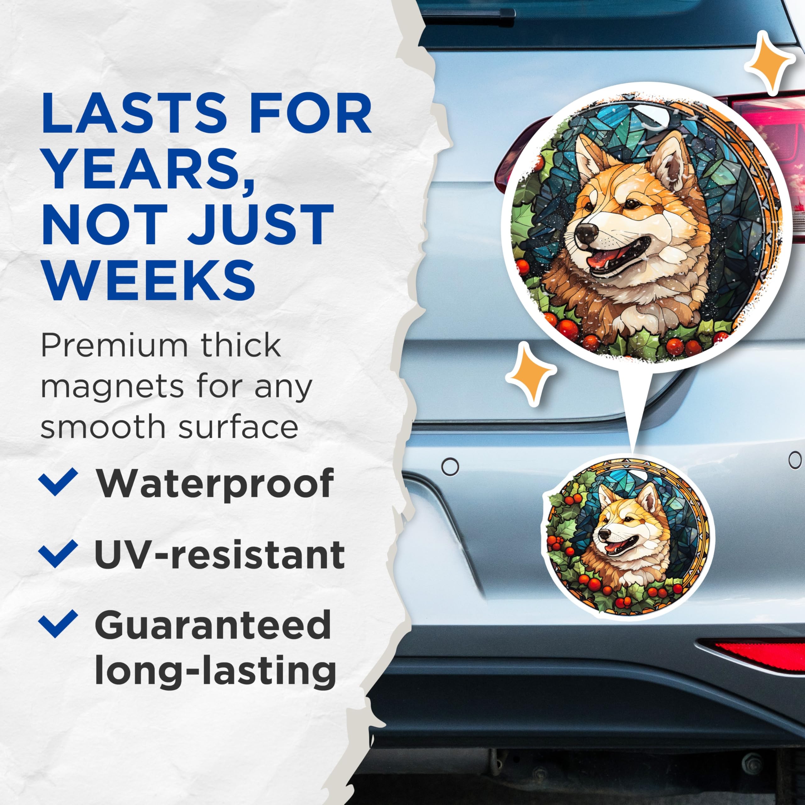 (2 Pack) Shiba Inu Magnets - Stained Glass Dog Art - Christmas Pet Decor - 5 Inches On Longest Side - Thick Durable Magnet - Made in USA - MAG29336