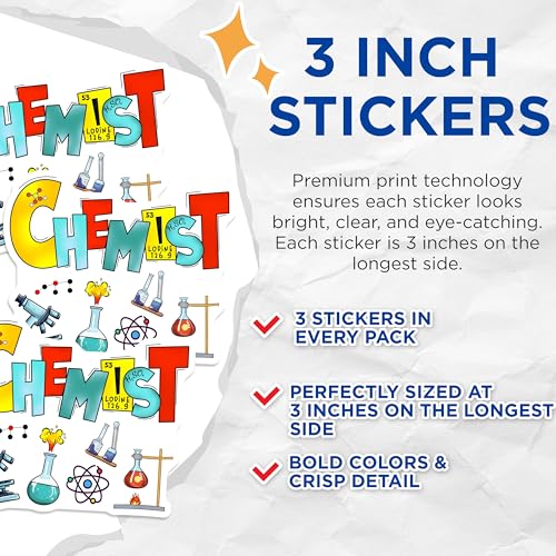 (3 Pack) Chemist Decals - Chemistry Decals - Science Laptop Decal - 3 Inches On Longest Side - Easy Peel & Apply - Made in USA - 3MCS6603