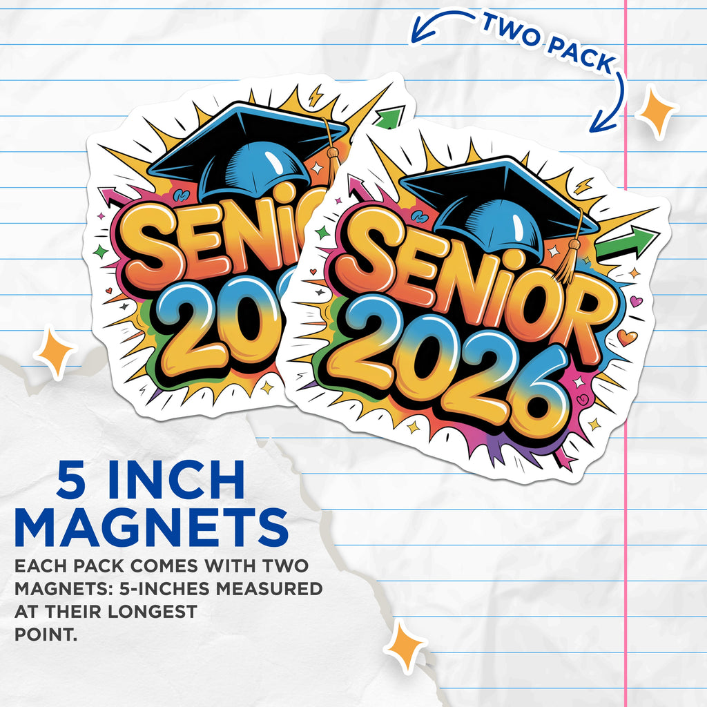 (2 Pack) Senior 2026 Magnets - Graduation Class of 2026 - High School College Grad Decor Celebration - 5 Inches On Longest Side - Thick Durable Magnet - Made in USA - MAG37641