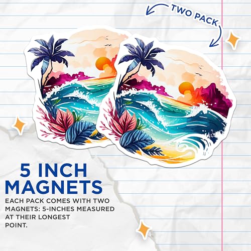 (2 Pack) Beach Sunset Wave Magnets Magnets - Tropical Ocean View - Summer Coastal Scene - 5" On Longest Side - Made in USA - Sticks to Refrigerators & Metal Surfaces - MAG9270
