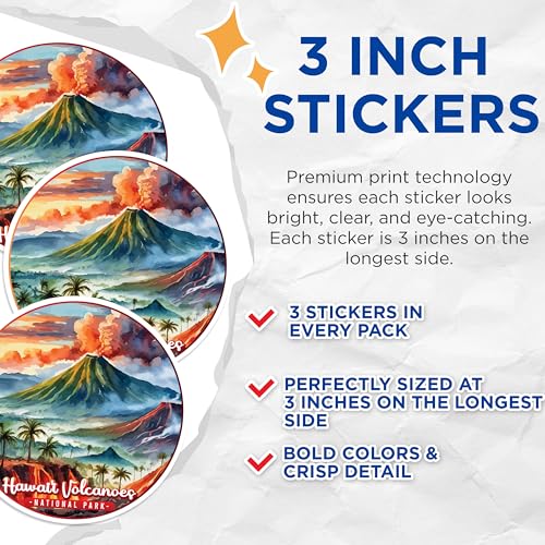 (3 Pack) Hawaii Volcanoes Decals - National Park - Laptop Decal - 3 Inches On Longest Side - Easy Peel & Apply - Made in USA - 3MCS0471