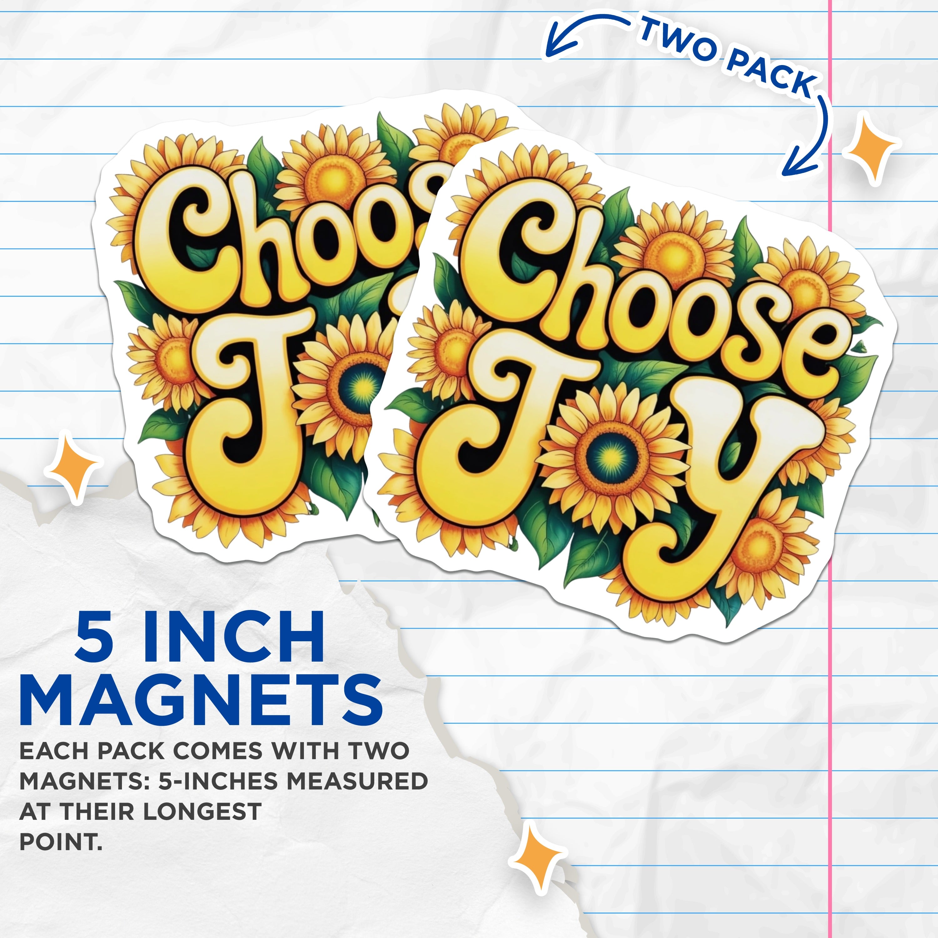 (2 Pack) Choose Joy Sunflower Magnets - Retro Inspirational Decor - Positive Affirmation Fridge Decor - 5 Inches On Longest Side - Thick Durable Magnet - Made in USA - MAG37344