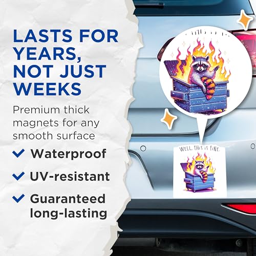 (2 Pack) Well This is Fine Magnets - Funny Raccoon Dumpster Fire Magnet - Cute Animal Humor Fridge - 5" On Longest Side - for Cars, Fridges, Toolboxes - Made in USA - MAG3739