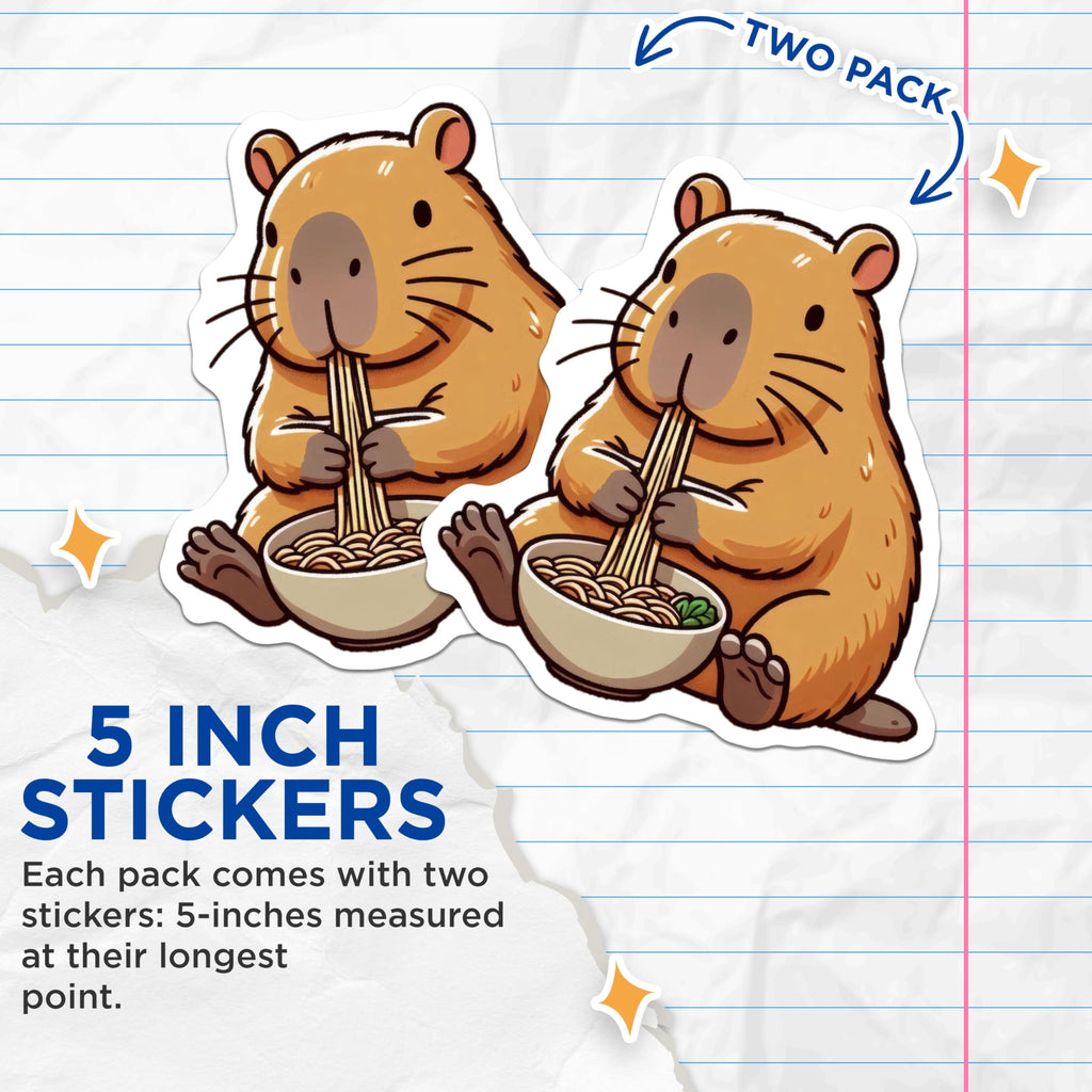 (2 Pack) Cute Capybara Eating Noodles Stickers - Adorable Animal - Funny Cartoon Sticker - 5" On Longest Side - Sticks to Smooth Flat Surfaces - Made in USA - BMCS9924