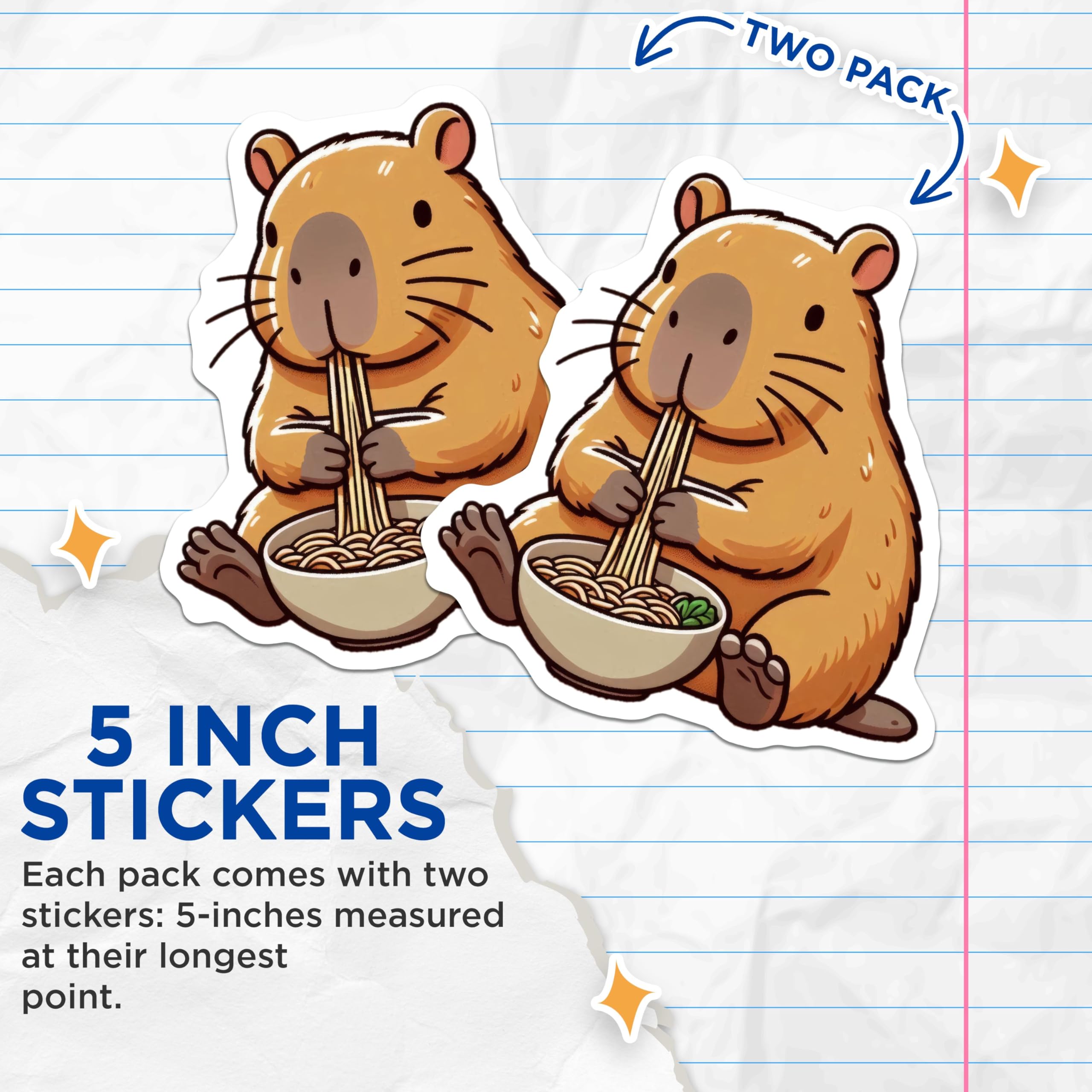 (2 Pack) Cute Capybara Eating Noodles Stickers - Adorable Animal - Funny Cartoon Sticker - 5" On Longest Side - Sticks to Smooth Flat Surfaces - Made in USA - BMCS9924