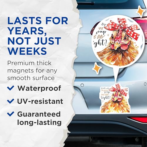 (2 Pack) Chicken Magnets - Farmhouse Magnets - Funny Kitchen Magnets - Animal Magnets - 5" On Longest Side - for Cars, Fridges, Toolboxes - Made in USA - MAG4361