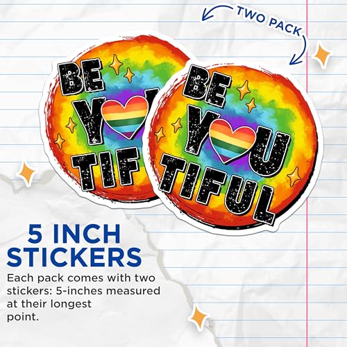 (2 Pack) Be You Tiful Stickers - Rainbow Pride - Inspirational Quote - 5" On Longest Side - Sticks to Smooth Flat Surfaces - Made in USA - BMCS8278