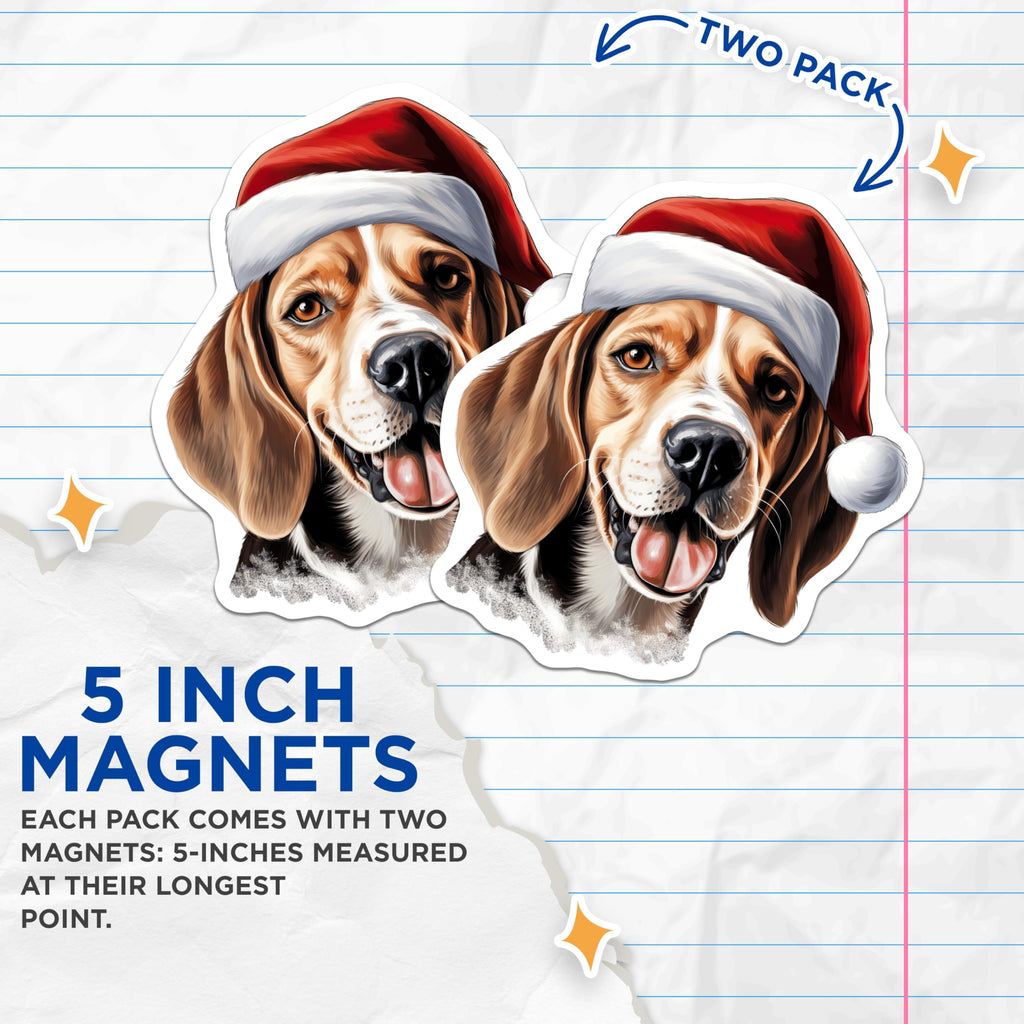 (2 Pack) Beagle Christmas Magnets - Santa Hat Dog Art - Festive Winter Holiday Home Decor - Pet Lover Collectibles - 5 Inches On Longest Side - Thick Durable Magnet - Made in USA - MAG23618