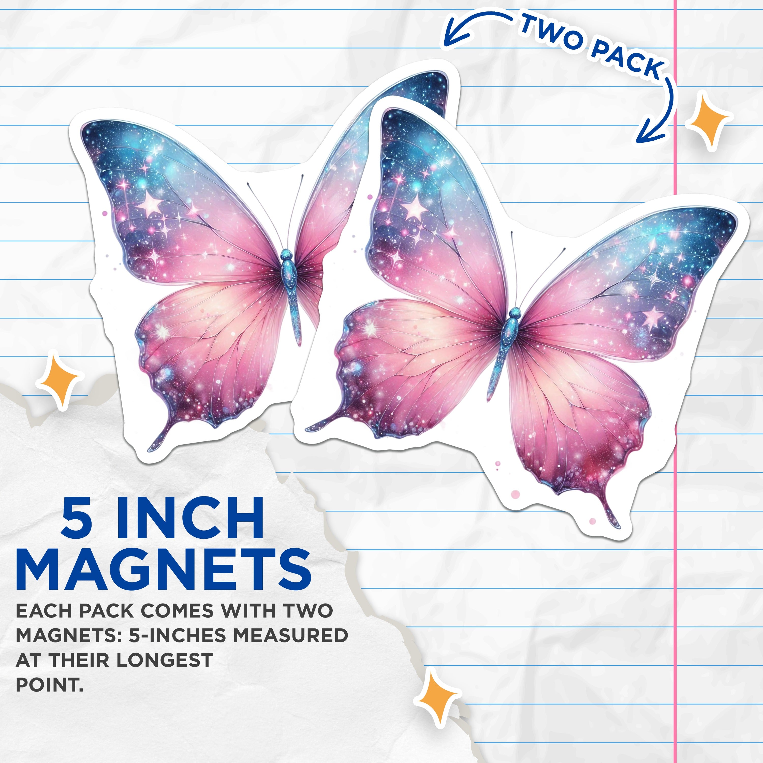 (2 Pack) Galaxy Butterfly Magnets - Celestial Ombre Wings - Dreamy Pink Blue Starry Fridge Decor - Whimsical Home Accent - 5 Inches On Longest Side - Thick Durable Magnet - Made in USA - MAG36550