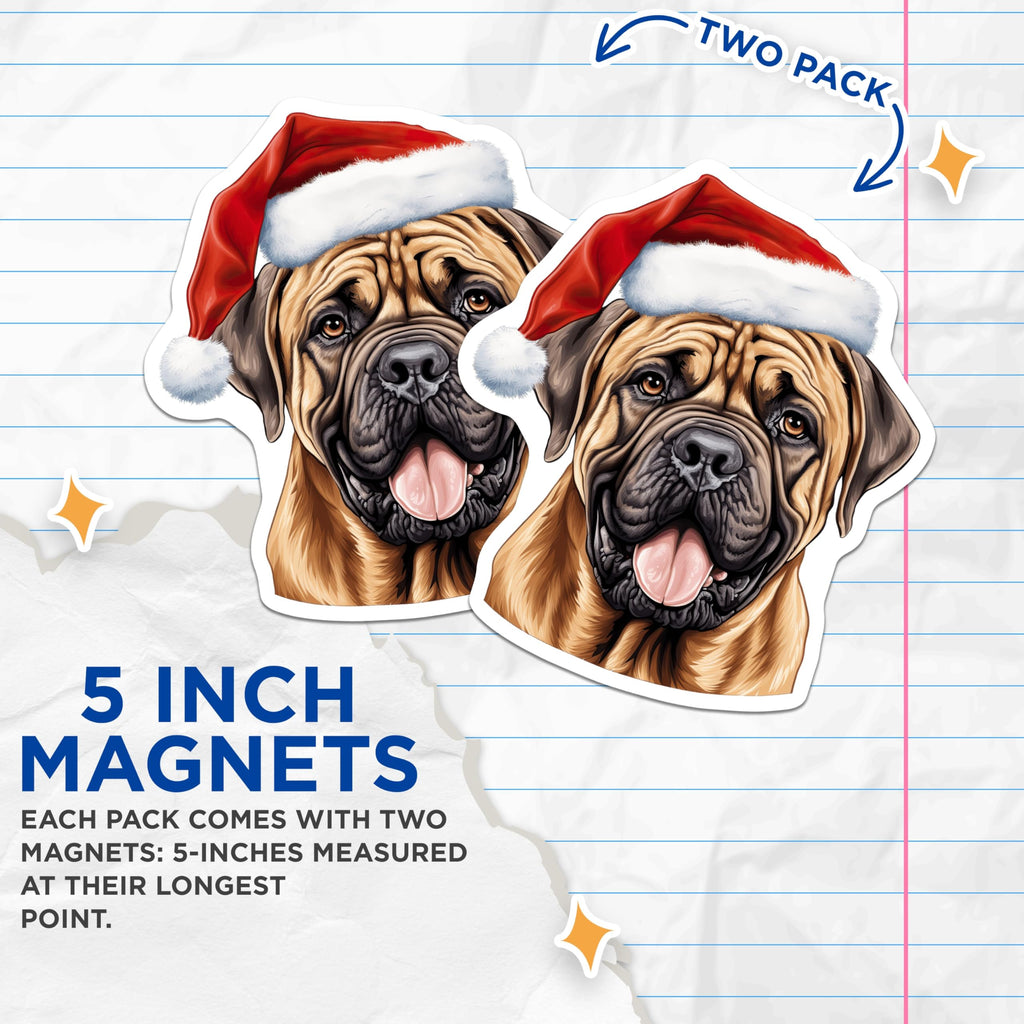 (2 Pack) Bullmastiff Christmas Magnets - Santa Hat Dog Decor - Holiday Pet Owner Accessories - 5 Inches On Longest Side - Thick Durable Magnet - Made in USA - MAG26726