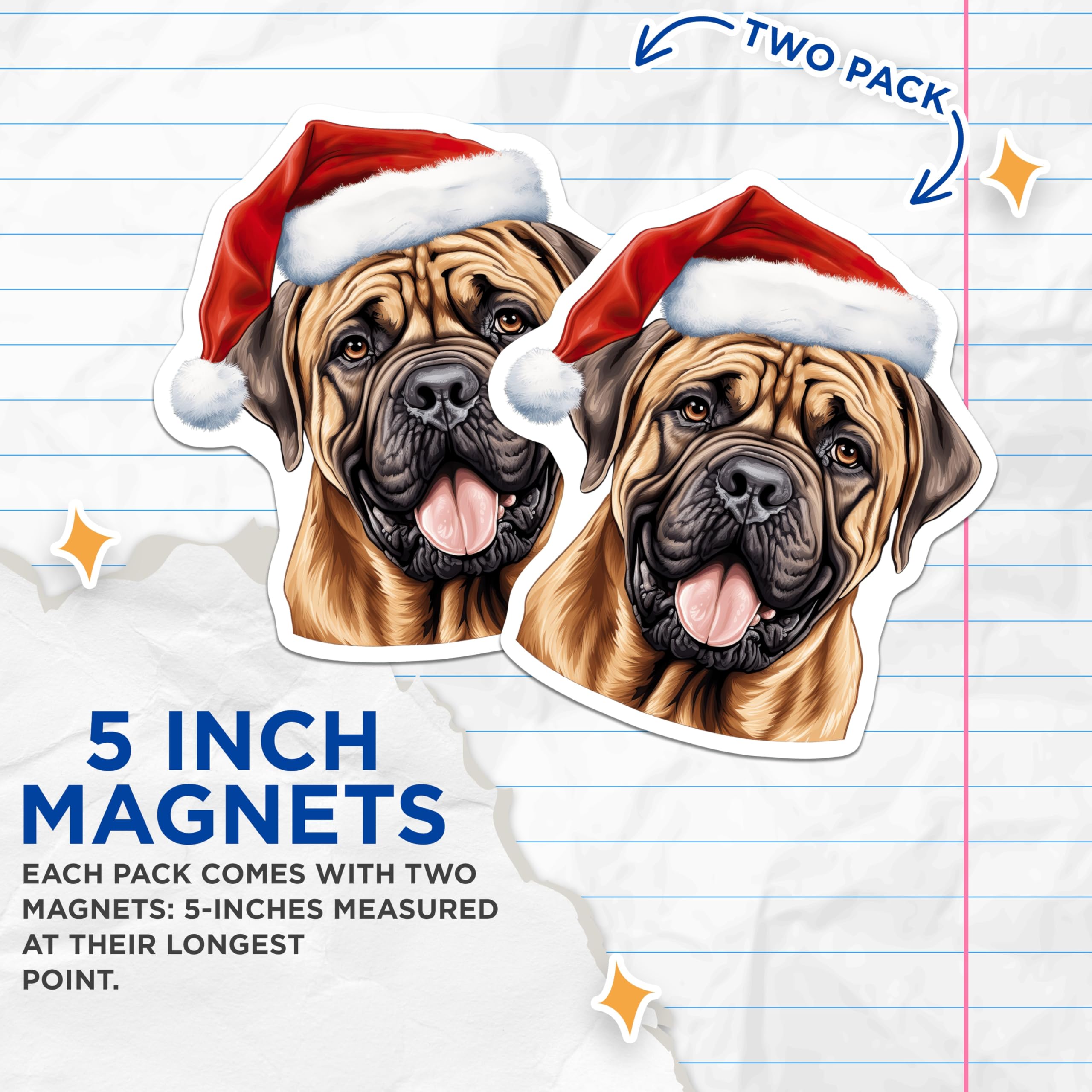 (2 Pack) Bullmastiff Christmas Magnets - Santa Hat Dog Decor - Holiday Pet Owner Accessories - 5 Inches On Longest Side - Thick Durable Magnet - Made in USA - MAG26726
