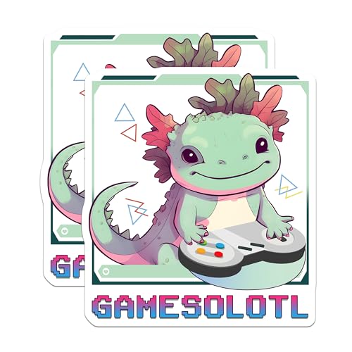(2 Pack) Cute Axolotl Gamer Stickers - Gaming Axolotl Decal - Fun Axolotl Art - 5" On Longest Side - Sticks to Smooth Flat Surfaces - Made in USA - BMCS7793