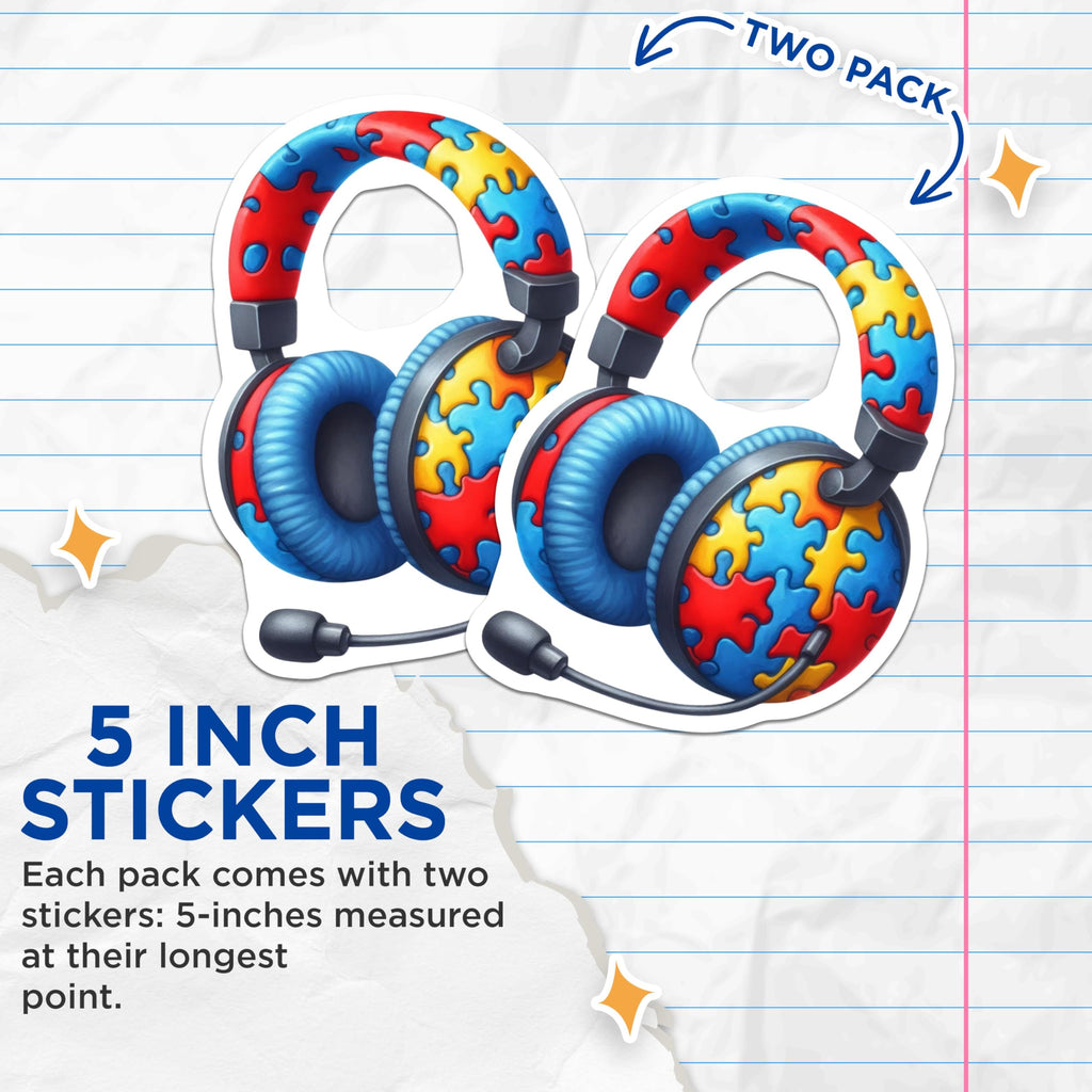 (2 Pack) Puzzle Headphones Stickers - Colorful Headphones - Puzzle Piece Design - 5" On Longest Side - Sticks to Smooth Flat Surfaces - Made in USA - BMCS6434