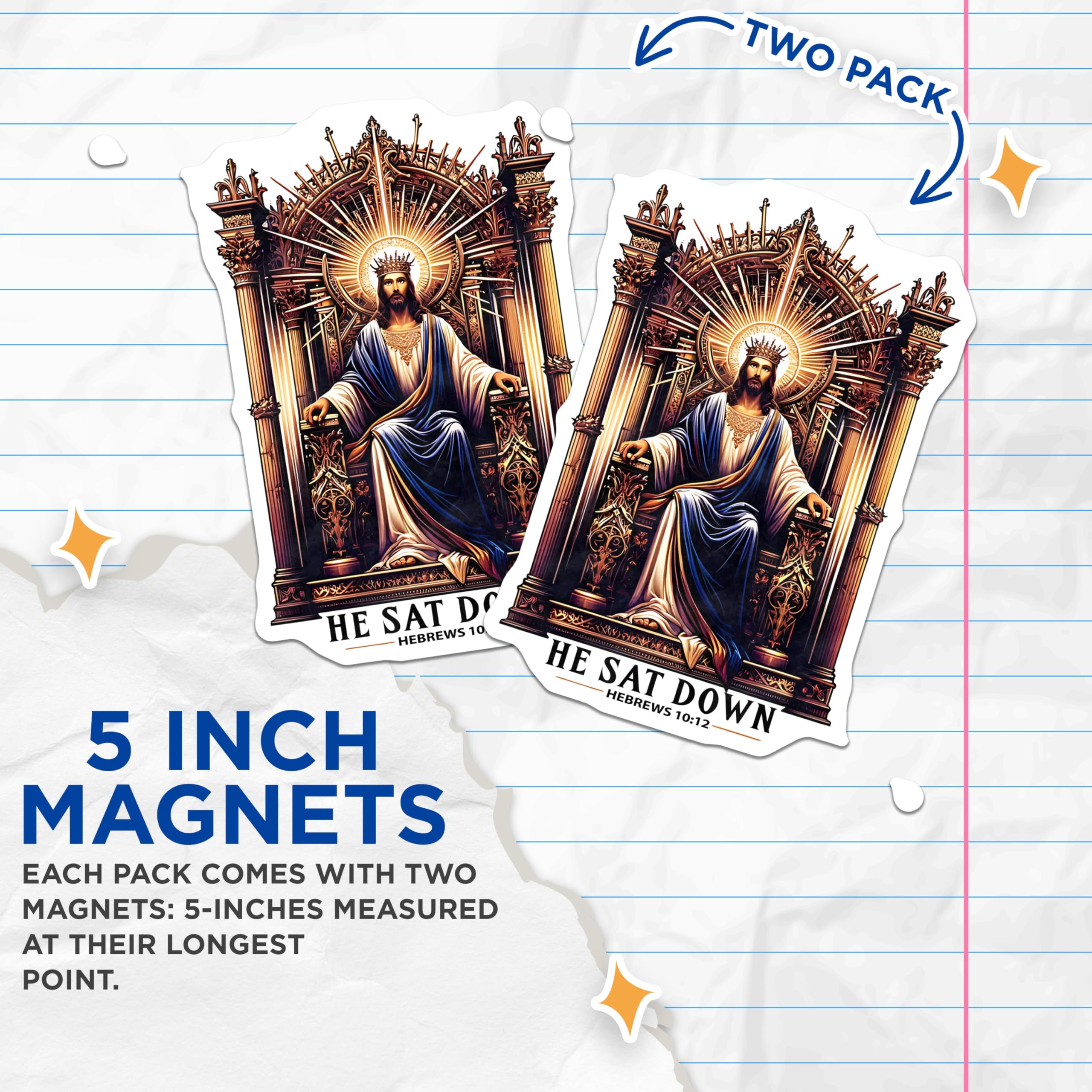 (2 Pack) Jesus on Throne Magnets - He Sat Down Hebrews 10:12 - Christian Faith Decor - 5 Inches On Longest Side - Thick Durable Magnet - Made in USA - MAG30338