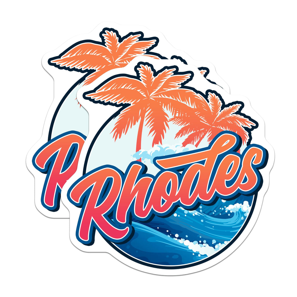 (2 Pack) Rhodes Stickers - Greek Island Decal - Tropical Palm Tree Souvenir - 5" On Longest Side - Sticks to Smooth Flat Surfaces - Made in USA - BMCS17214