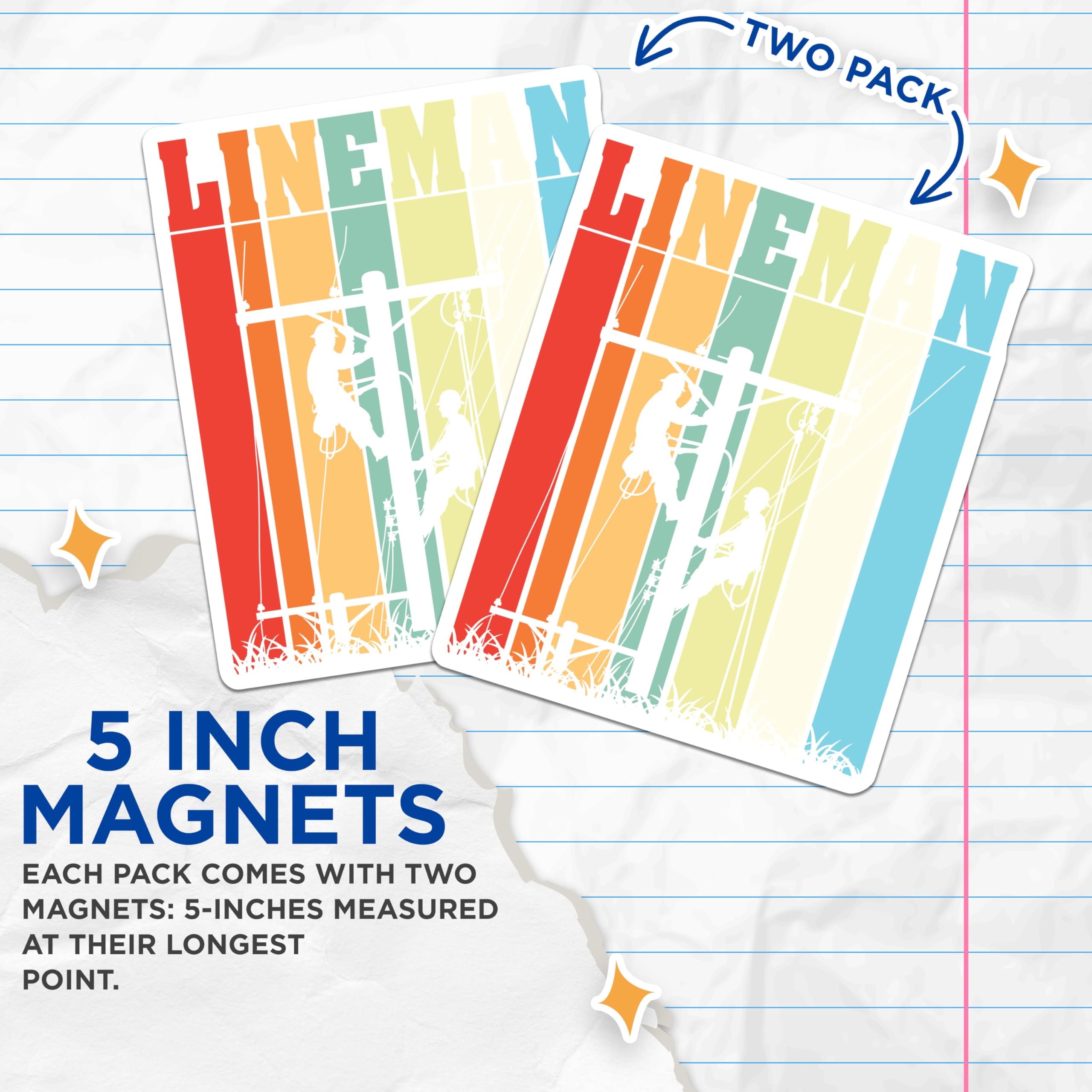(2 Pack) Lineman Magnets - Essential Worker Appreciation Art - Electrical Power Line Decor - Retro Striped Design - 5 Inches On Longest Side - Thick Durable Magnet - Made in USA - MAG23160