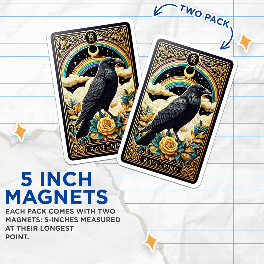 (2 Pack) Mystical Raven Crow Magnets - Vibrant Rainbow Celestial Art - Ornate Golden Rose Fridge Decor - 5 Inches On Longest Side - Thick Durable Magnet - Made in USA - MAG21544