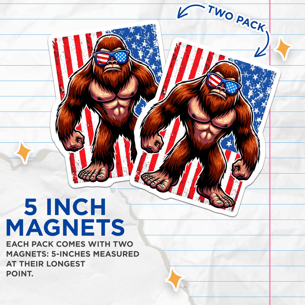 (2 Pack) Bigfoot Magnets - Patriotic Sasquatch - American Flag Decor - Funny Cryptozoology - USA Pride Legend - 5 Inches On Longest Side - Thick Durable Magnet - Made in USA - MAG21661