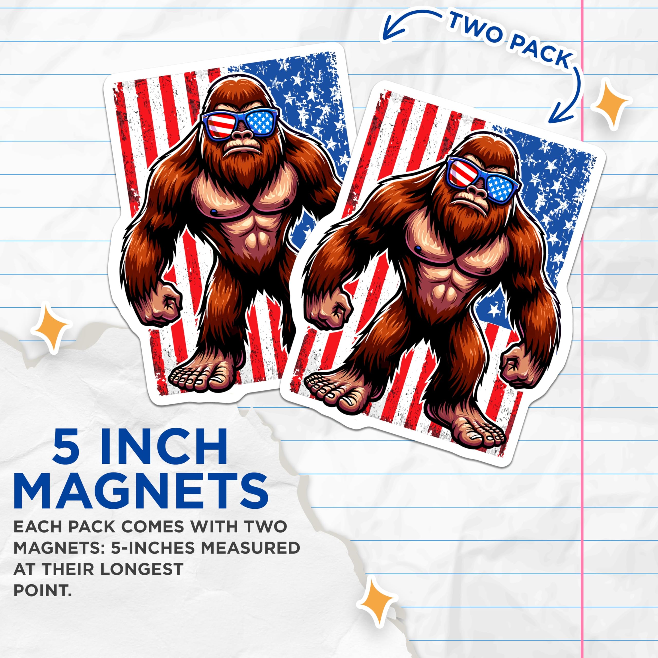 (2 Pack) Bigfoot Magnets - Patriotic Sasquatch - American Flag Decor - Funny Cryptozoology - USA Pride Legend - 5 Inches On Longest Side - Thick Durable Magnet - Made in USA - MAG21661
