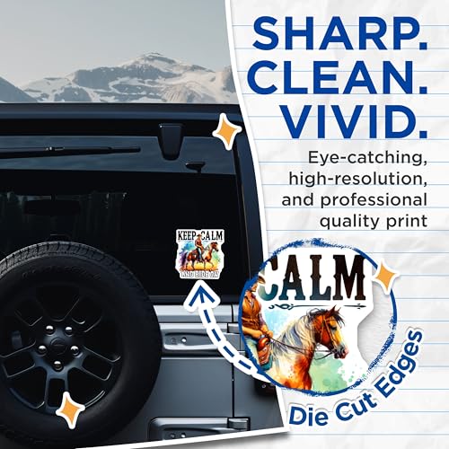 (2 Pack) Keep Calm and Ride On Stickers - Cowboy Riding Horse - Inspirational Message - 5" On Longest Side - Sticks to Smooth Flat Surfaces - Made in USA - BMCS6730