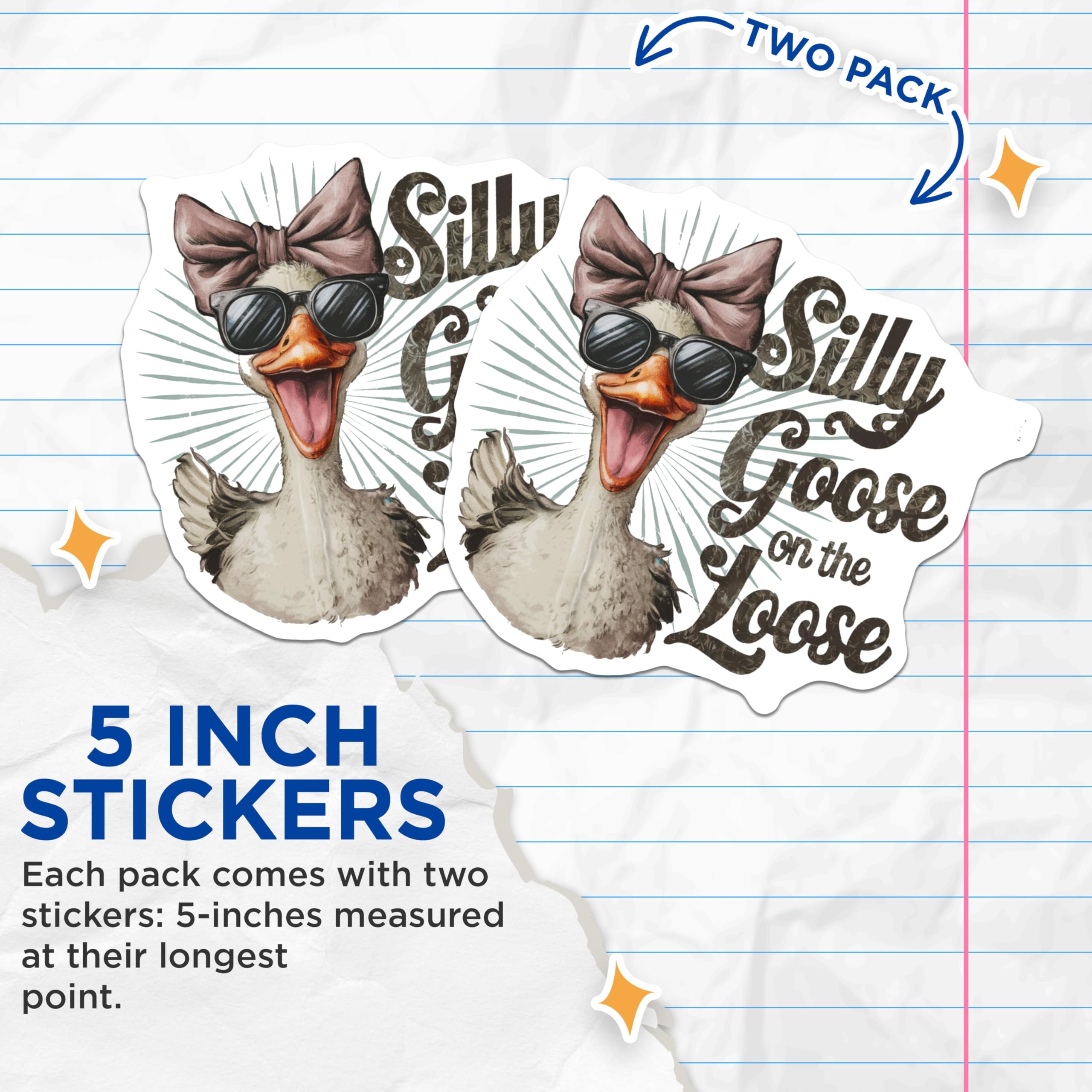 (2 Pack) Silly Goose on The Loose Stickers - Funny Animal Sticker - Cute Goose Sticker - 5" On Longest Side - Sticks to Smooth Flat Surfaces - Made in USA - BMCS5865