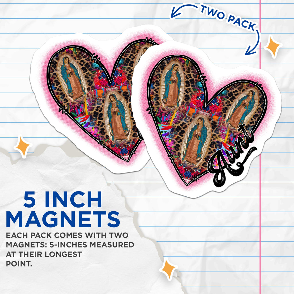 (2 Pack) Our Lady of Guadalupe Magnets - Virgen De Guadalupe Art - Leopard Print Religious Heart - Catholic Kitchen Decor - 5 Inches On Longest Side - Thick Durable Magnet - Made in USA - MAG29931
