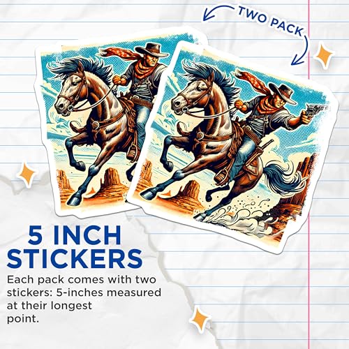 (2 Pack) Western Cowboy Stickers - Horse Rider Art - Vintage Adventure Scene - 5" On Longest Side - Sticks to Smooth Flat Surfaces - Made in USA - BMCS5826