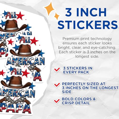 (3 Pack) All American Papa Decals - Cowboy Hat Guns - Patriotic Dad Laptop Decal - 3 Inches On Longest Side - Easy Peel & Apply - Made in USA - 3MCS7261