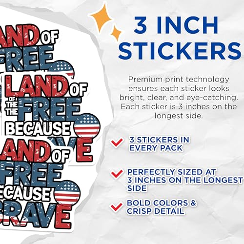 (3 Pack) Land of The Free Decals - Patriotic Decal - American Flag Decal - 3 Inches On Longest Side - Easy Peel & Apply - Made in USA - 3MCS2663