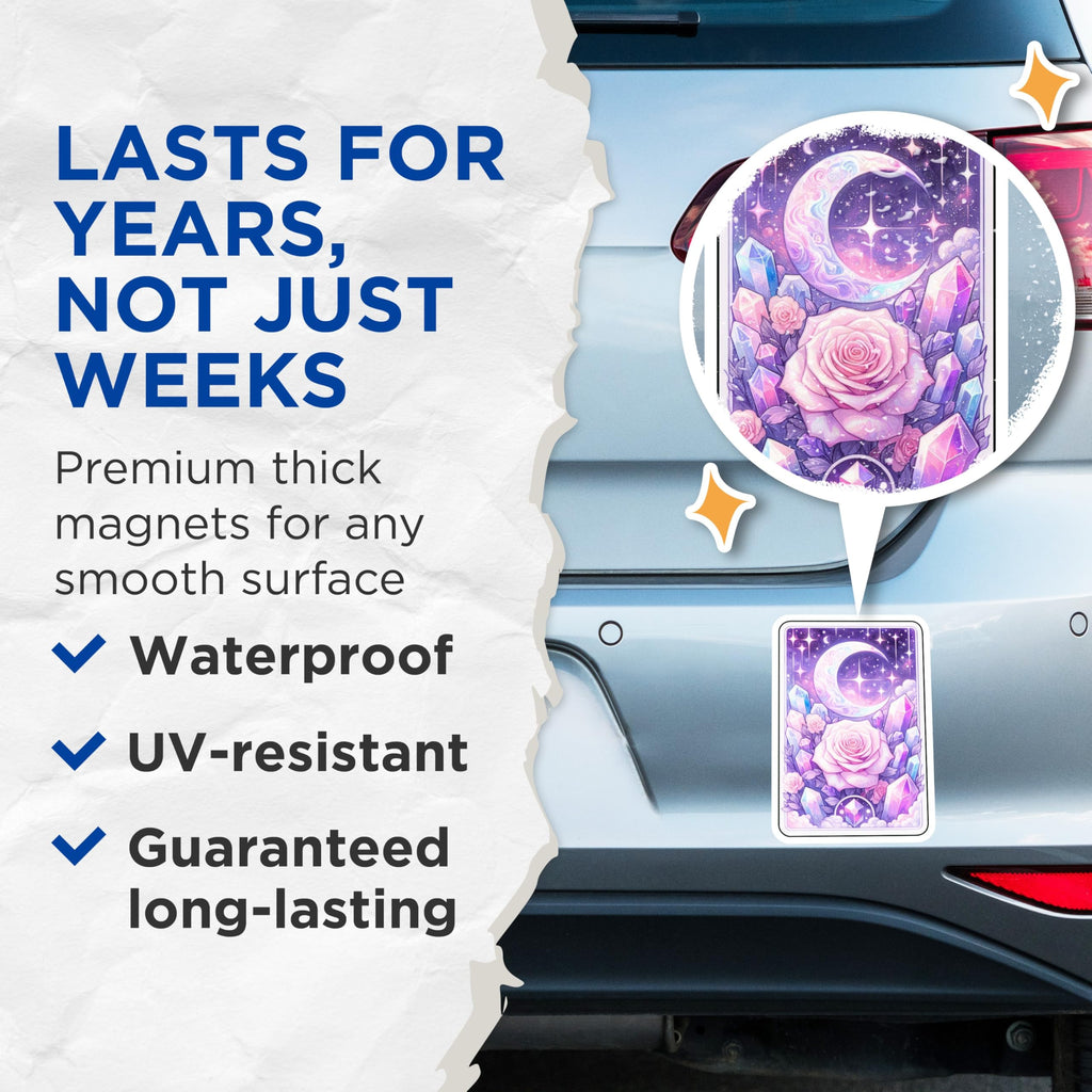 (2 Pack) Enchanted Celestial Moon Rose Magnets - Mystical Crystal Galaxy Decor - Dreamy Witchy Floral Art - 5 Inches On Longest Side - Thick Durable Magnet - Made in USA - MAG23102