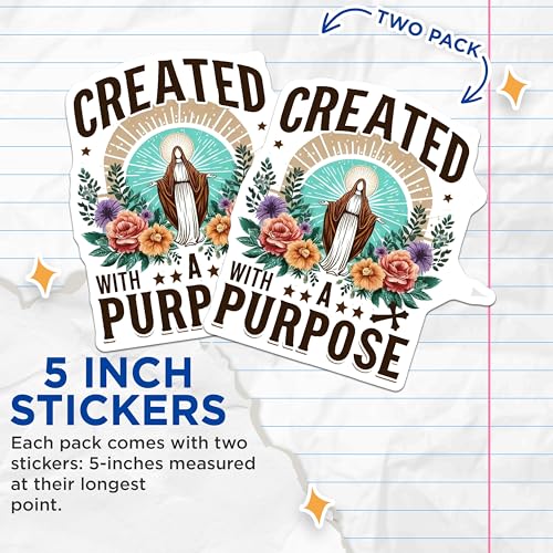 (2 Pack) Created with A Purpose Stickers - Inspirational Quote Stickers - Religious Faith Stickers - 5" On Longest Side - Sticks to Smooth Flat Surfaces - Made in USA - BMCS3970